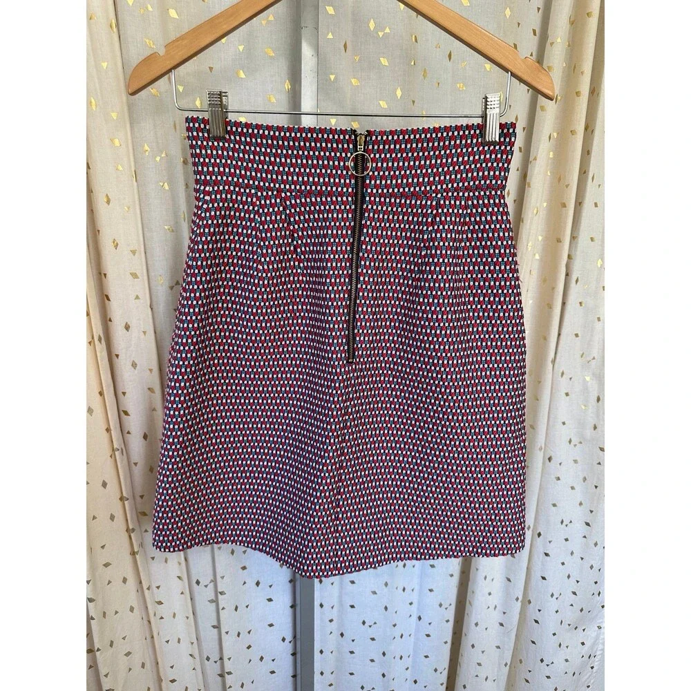 Emmel Refines Geometric Tweed Faux Pockets Fitted Waist A-Line Mini Skirt M